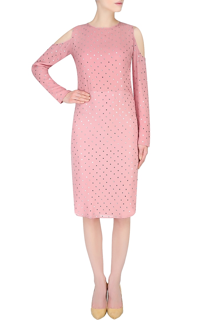 Rose pink cold shoulder knee length dress available only at Pernia's Pop Up Shop.
