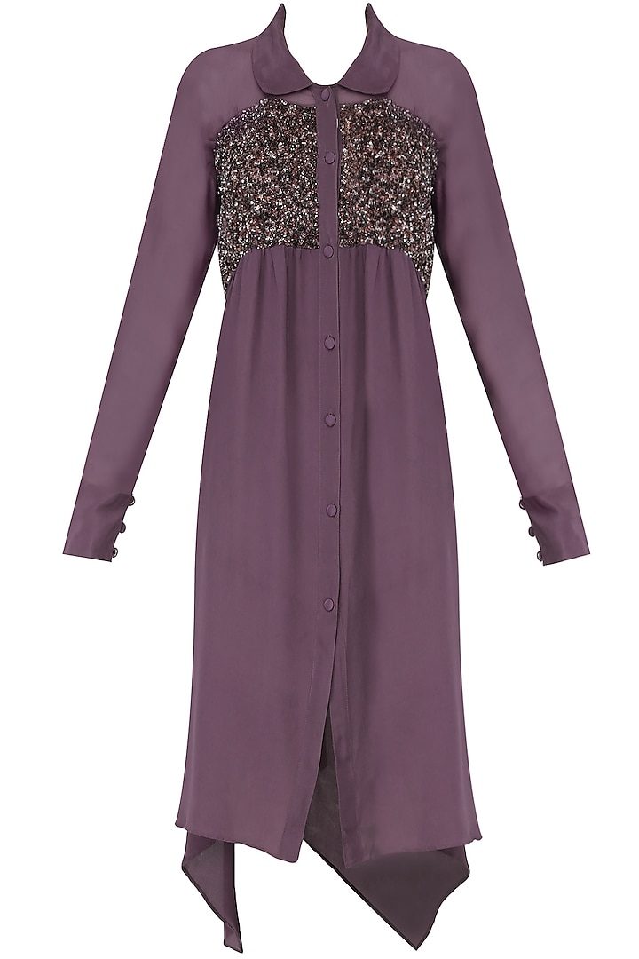 Purple Sequins Embroidered Shirt Dress by Nimirta Lalwani