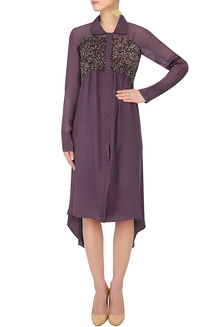 Purple sequins embroidered shirt dress available only at Pernia's Pop Up Shop.