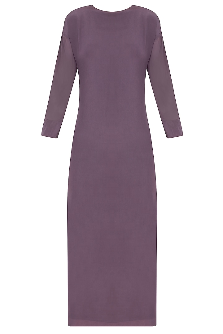 Purple Knee Length Dress With Mesh Sleeves by Nimirta Lalwani