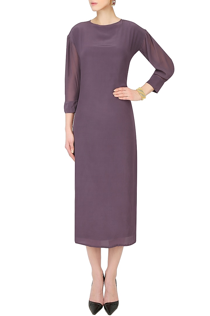 Purple knee length dress with mesh sleeves available only at Pernia's Pop Up Shop.