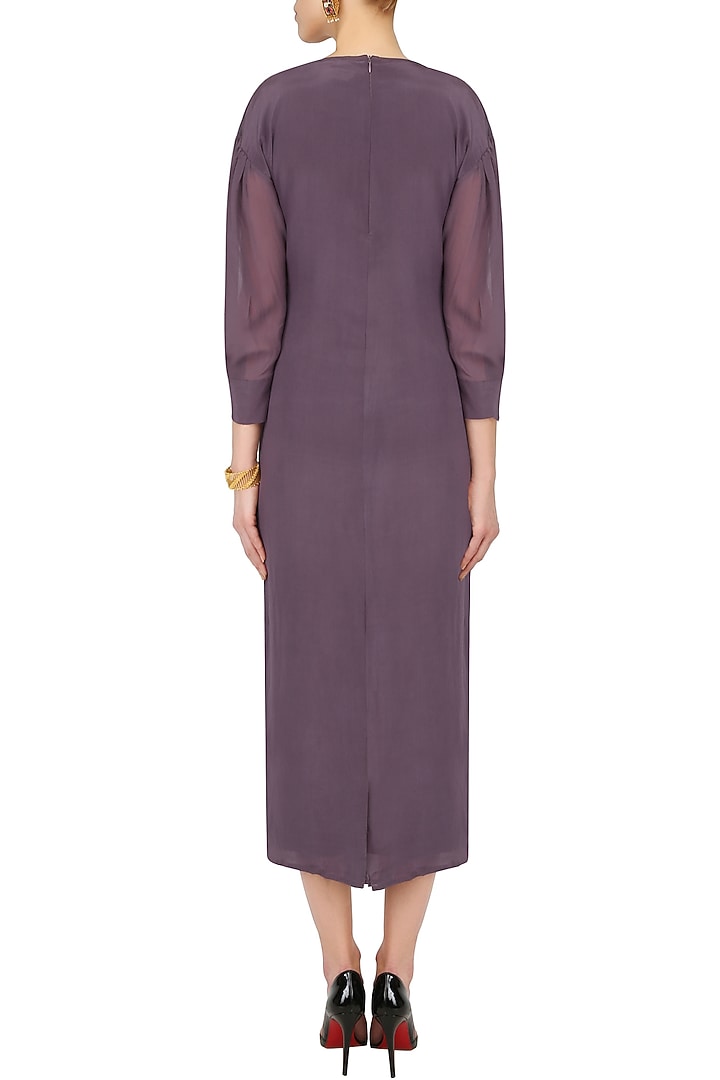 Purple knee length dress with mesh sleeves available only at Pernia's Pop Up Shop.