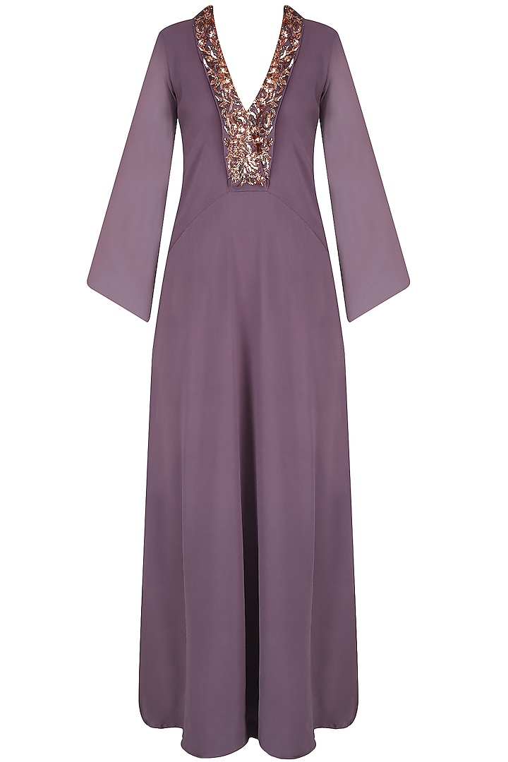 Purple Embroidered Kaftan Sleeves Gown by Nimirta Lalwani