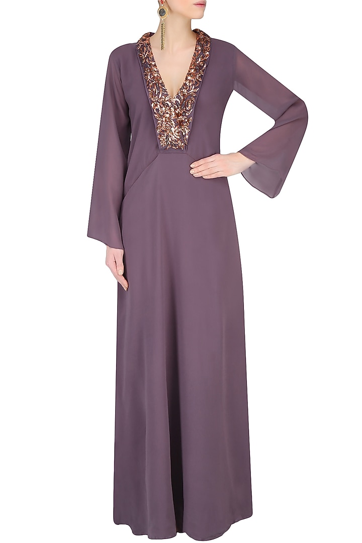 Purple embroidered kaftan sleeves gown available only at Pernia's Pop Up Shop.