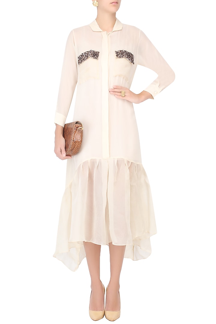Cream long shirt dress with sequins embellished pockets available only at Pernia's Pop Up Shop.