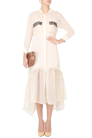 Cream Long Shirt Dress With Sequins Embellished Pockets by Nimirta Lalwani