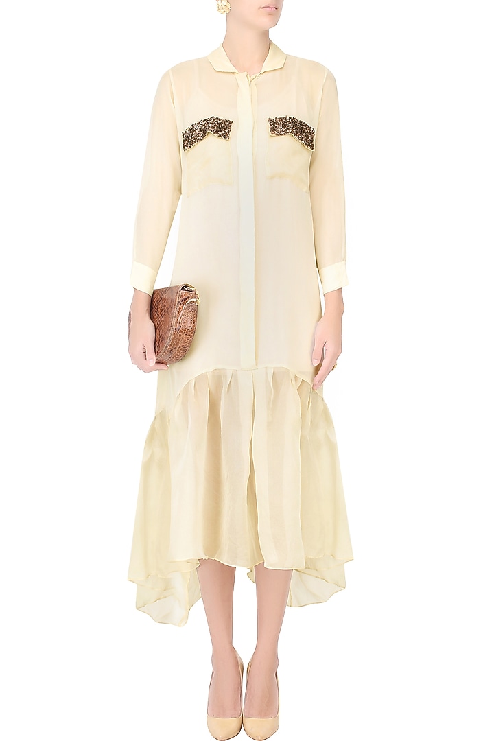 Cream long shirt dress with sequins embellished pockets available only at Pernia's Pop Up Shop.