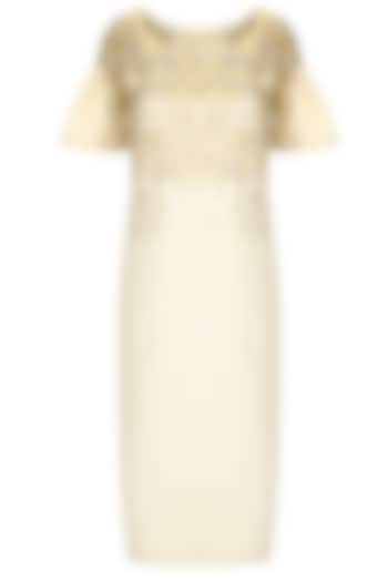 Cream and gold embroidered knee length shift dress available only at Pernia's Pop Up Shop.