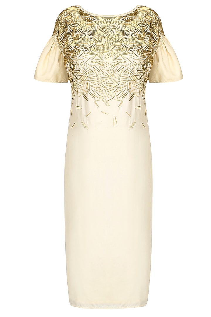 Cream and Gold Embroidered Knee Length Shift Dress by Nimirta Lalwani