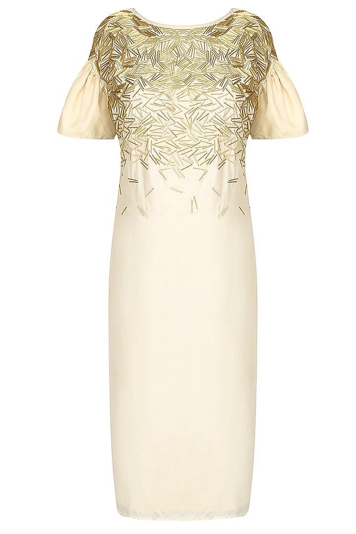 Cream and gold embroidered knee length shift dress available only at Pernia's Pop Up Shop.