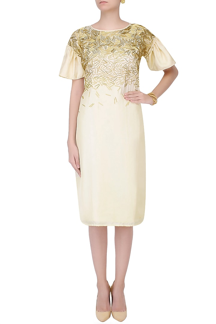 Cream and gold embroidered knee length shift dress available only at Pernia's Pop Up Shop.