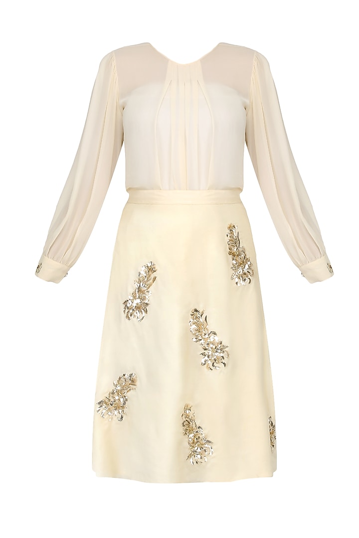 Cream Zardozi and Stone Embroidered Motifs Skirt and Top Set by Nimirta Lalwani