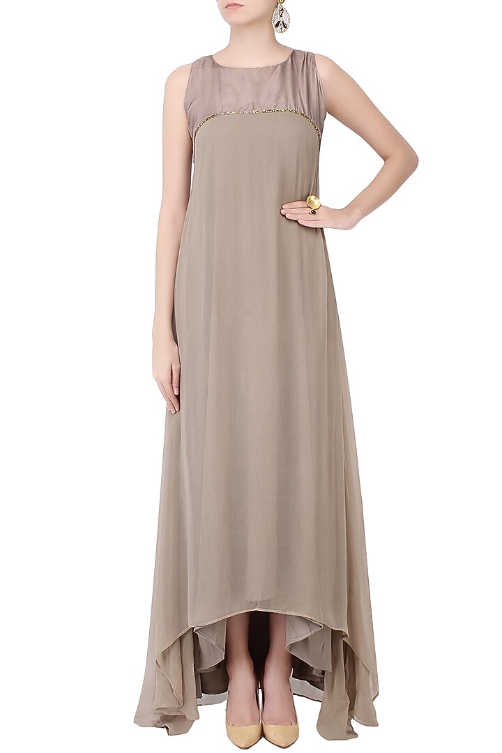 Grey beads embellished long flared gown available only at Pernia's Pop Up Shop.
