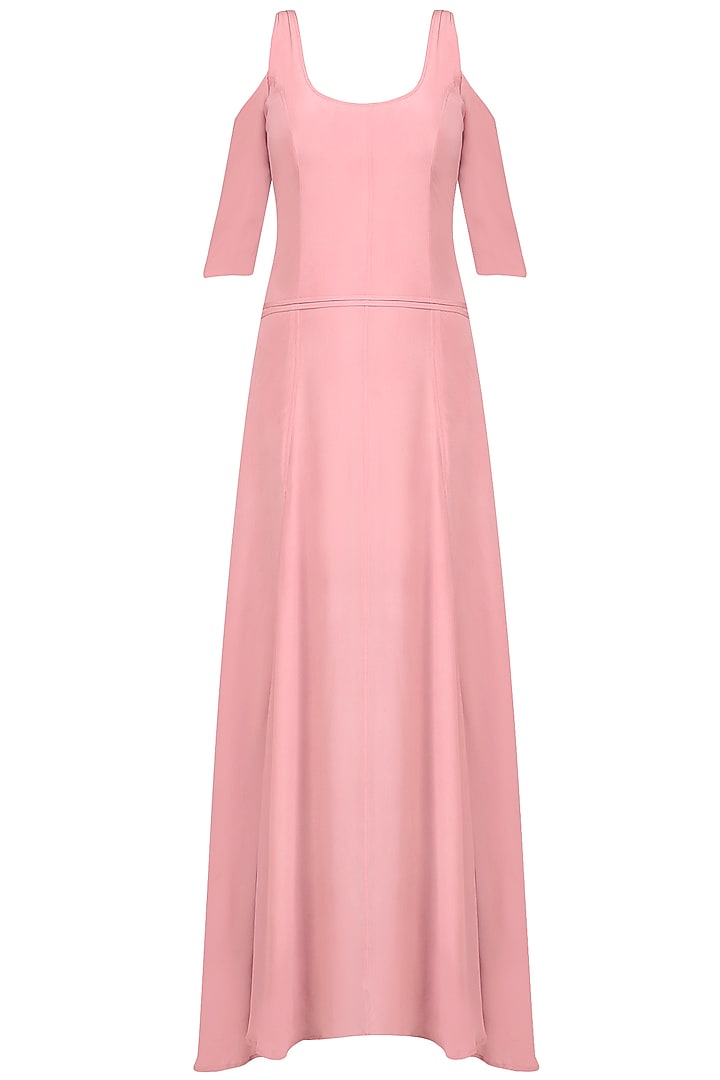 Rose Pink Cutout Shoulder Flared Gown by Nimirta Lalwani