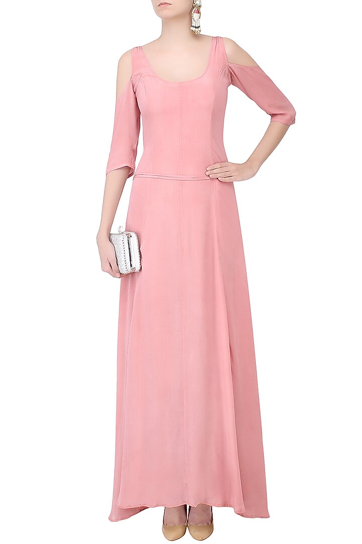 Rose pink cutout shoulder flared gown available only at Pernia's Pop Up Shop.