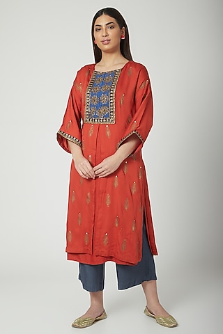Red Printed & Embroidered Kurta Set by Nida Mahmood