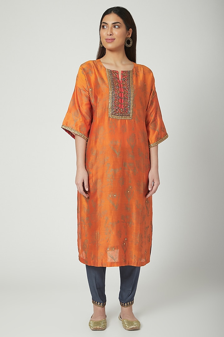 Orange Printed & Embroidered Kurta Set by Nida Mahmood