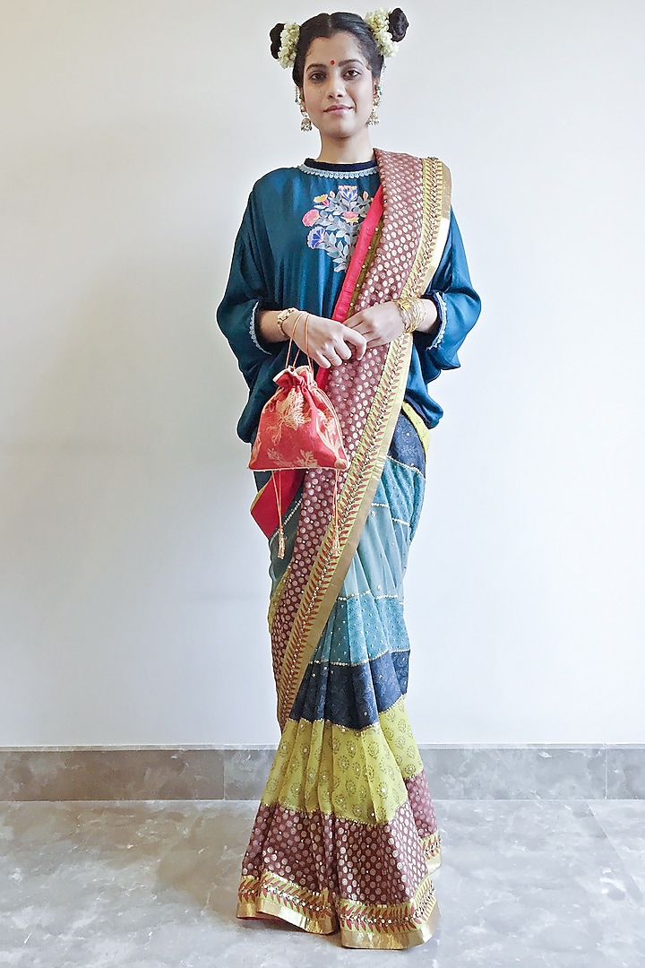 Multi Colored Embroidered Panelled Saree Set by Nida Mahmood