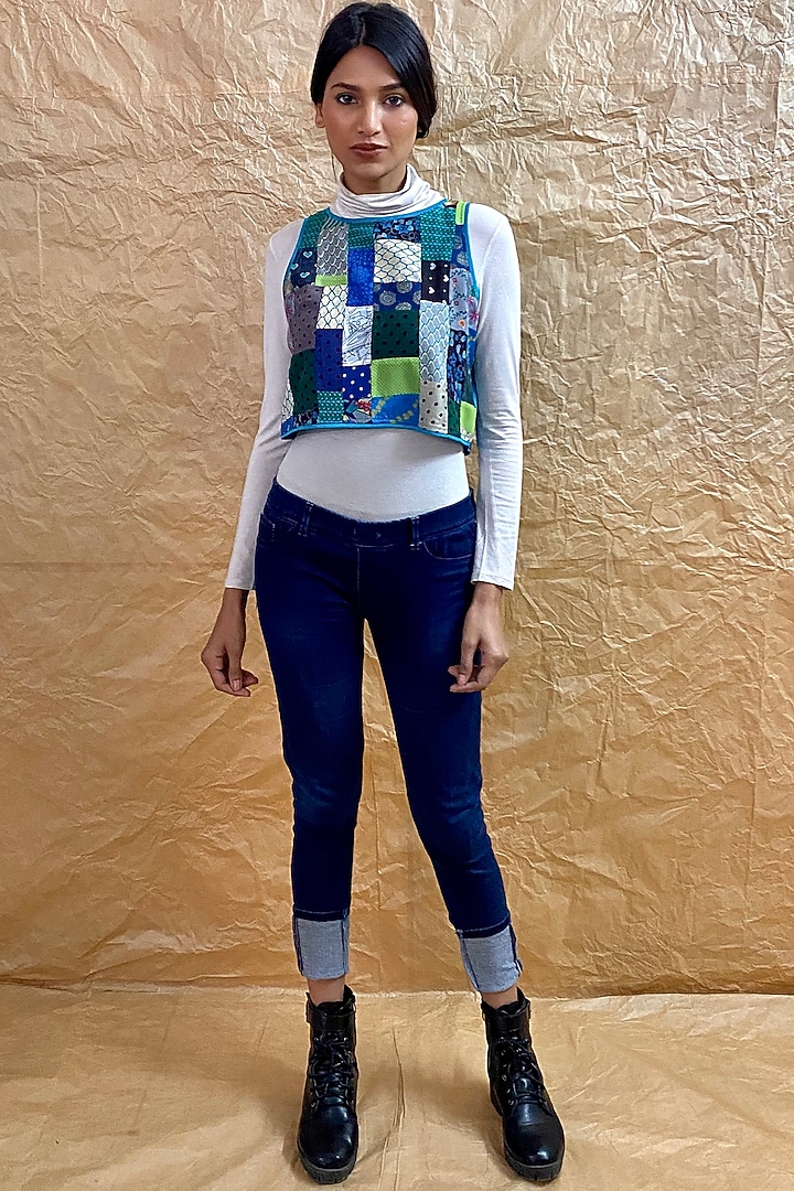 Blue Patchwork Crop Top by Nida Mahmood at Pernia's Pop Up Shop
