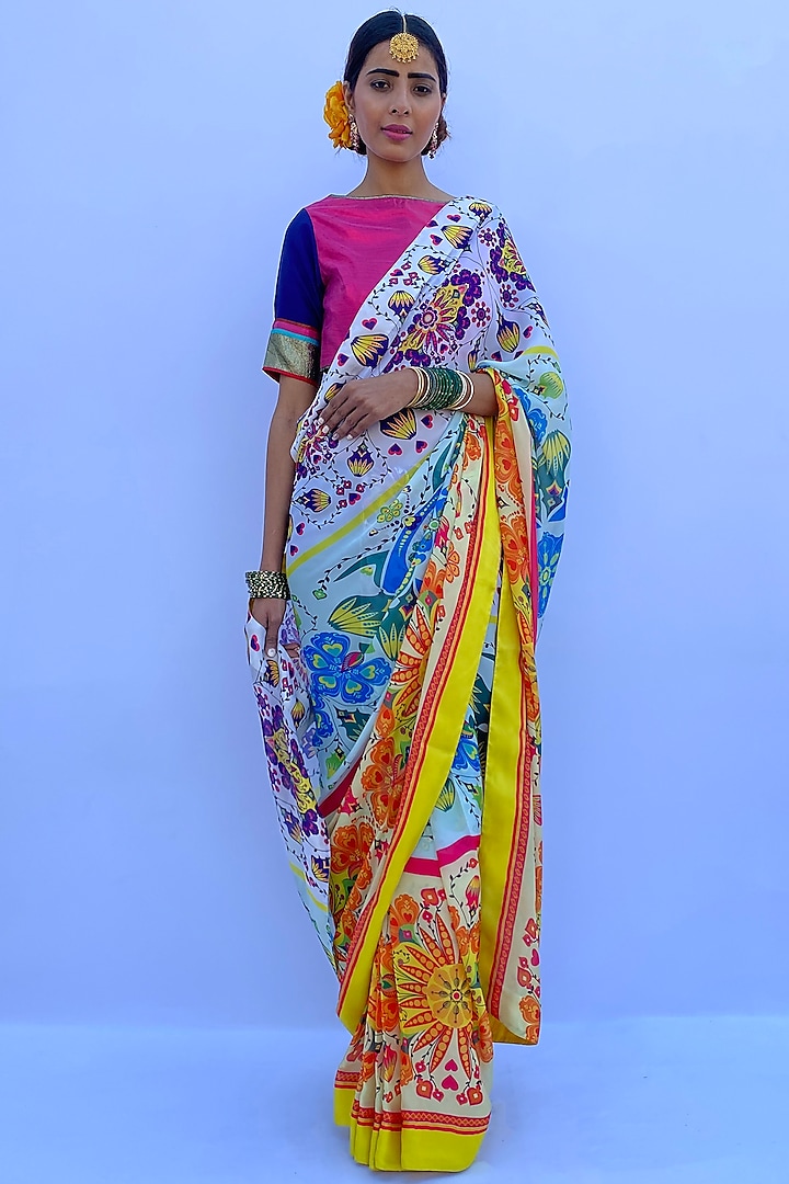 Multi-Colored Poly Satin Digital Printed Saree Set by Nida Mahmood