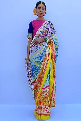 Multi-Colored Poly Satin Digital Printed Saree Set by Nida Mahmood