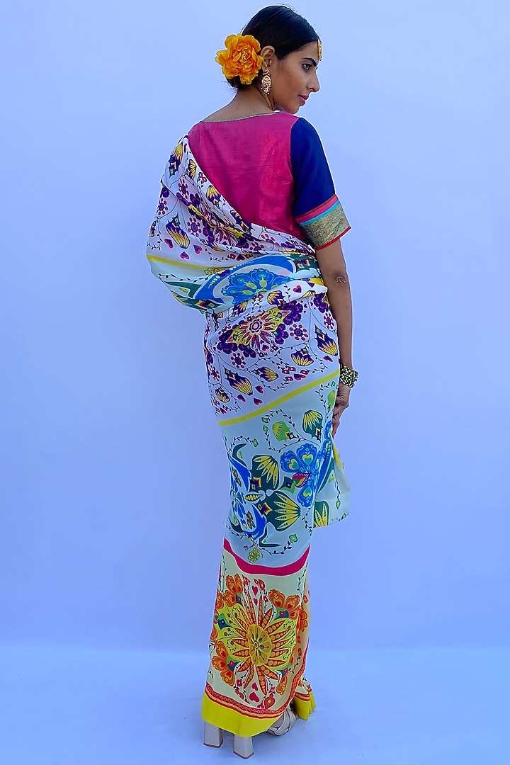 Multi-Colored Poly Satin Digital Printed Party Wear Saree Set by Nida Mahmood at Pernia's Pop Up Shop