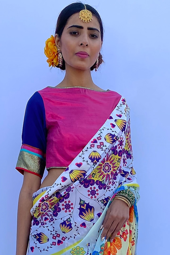 Multi-Colored Poly Satin Digital Printed Party Wear Saree Set by Nida Mahmood at Pernia's Pop Up Shop