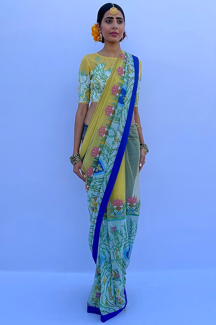 Lemon Yellow Poly Georgette & Net Digital Printed Saree Set by Nida Mahmood