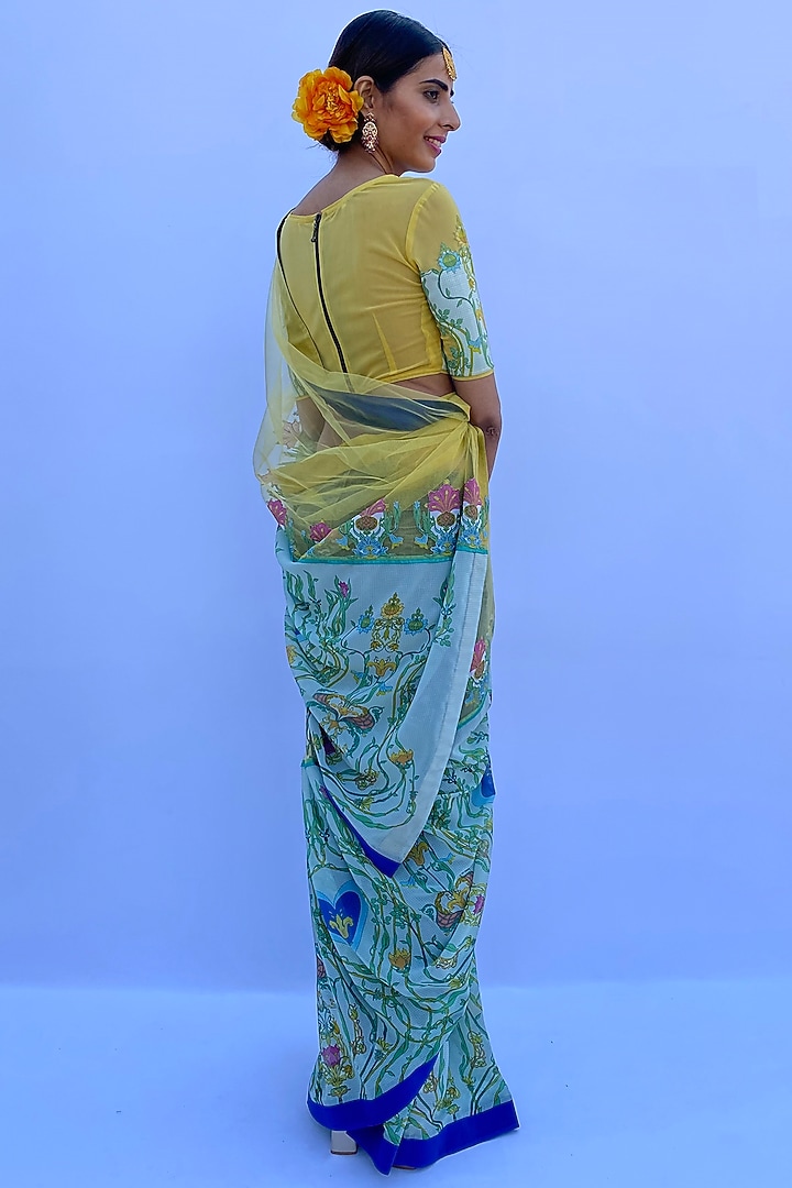Lemon Yellow Poly Georgette & Net Digital Printed Wedding Saree Set by Nida Mahmood at Pernia's Pop Up Shop