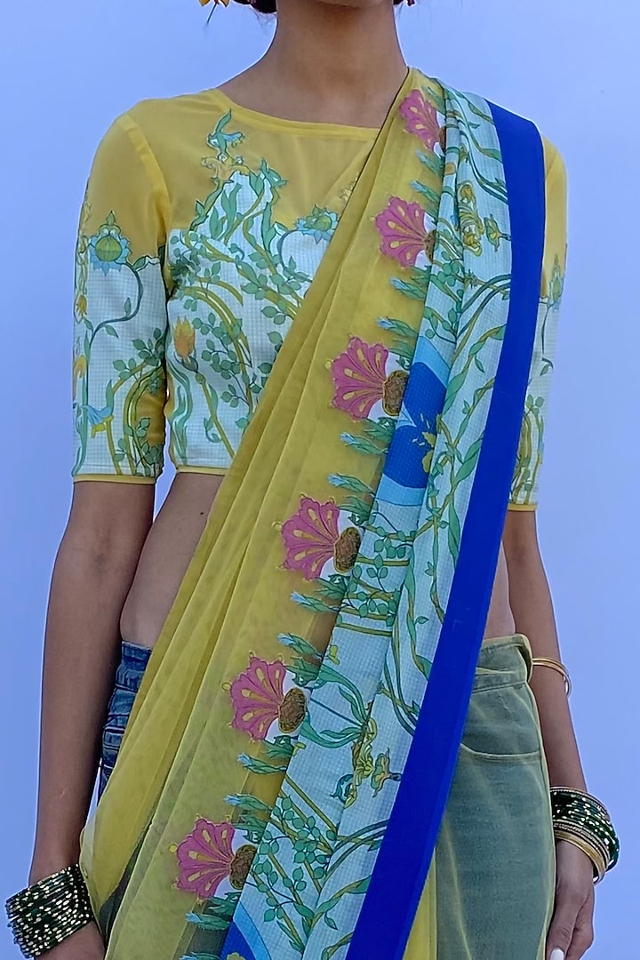Lemon Yellow Poly Georgette & Net Digital Printed Wedding Saree Set by Nida Mahmood at Pernia's Pop Up Shop