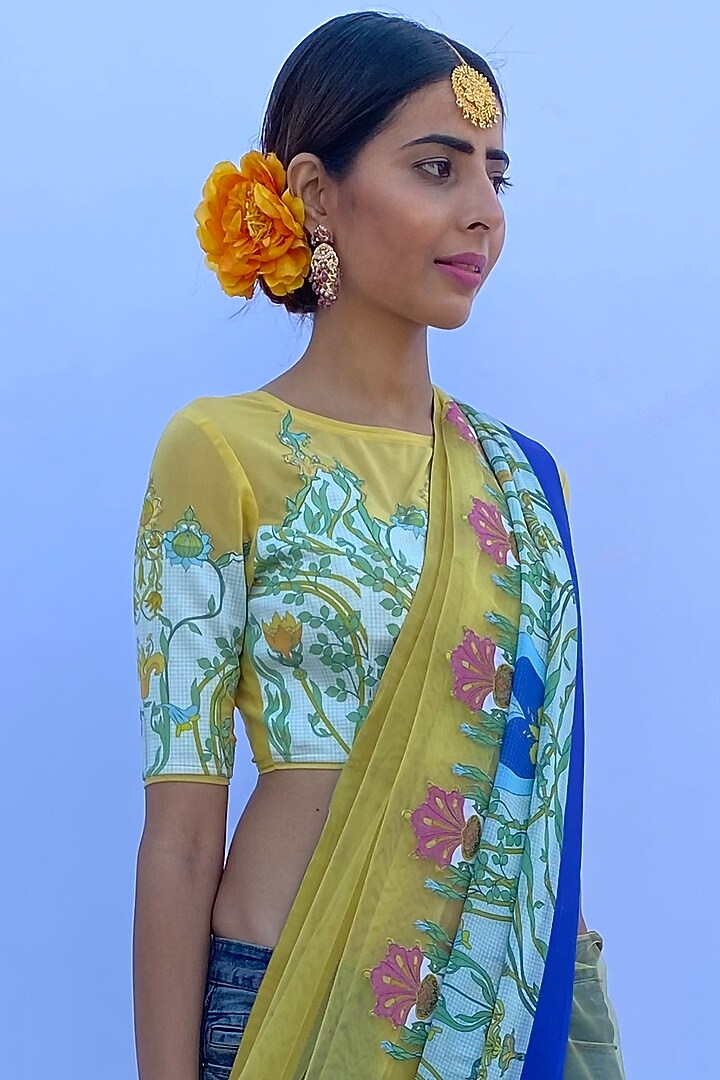 Lemon Yellow Poly Georgette & Net Digital Printed Wedding Saree Set by Nida Mahmood at Pernia's Pop Up Shop