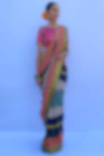 Multi-Colored Silk Georgette & Silk Brocade Hand Block Printed Saree Set by Nida Mahmood