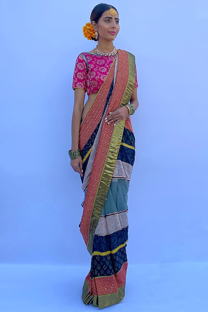 Multi-Colored Silk Georgette & Silk Brocade Hand Block Printed Saree Set by Nida Mahmood