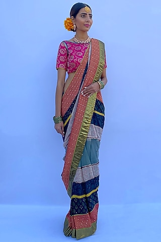 Multi-Colored Silk Georgette & Silk Brocade Hand Block Printed Saree Set by Nida Mahmood