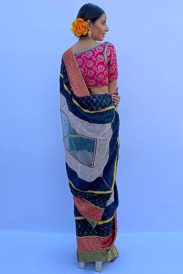 Multi-Colored Silk Georgette & Silk Brocade Hand Block Printed Party Wear Saree Set by Nida Mahmood at Pernia's Pop Up Shop