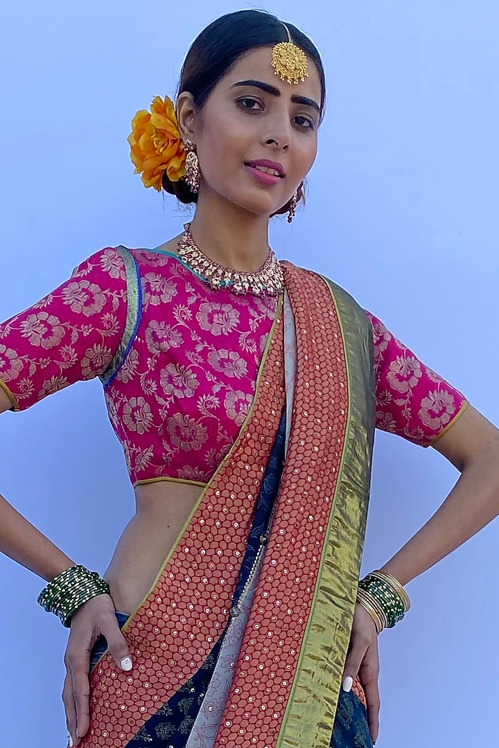 Multi-Colored Silk Georgette & Silk Brocade Hand Block Printed Party Wear Saree Set by Nida Mahmood at Pernia's Pop Up Shop