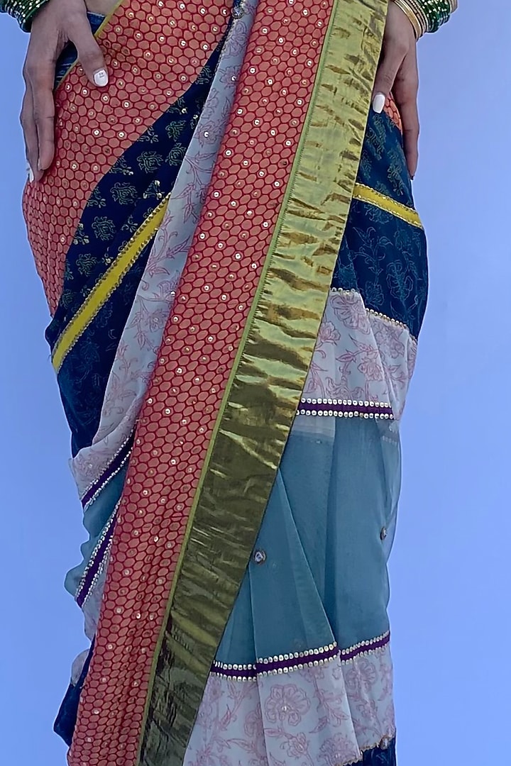 Multi-Colored Silk Georgette & Silk Brocade Hand Block Printed Party Wear Saree Set by Nida Mahmood at Pernia's Pop Up Shop