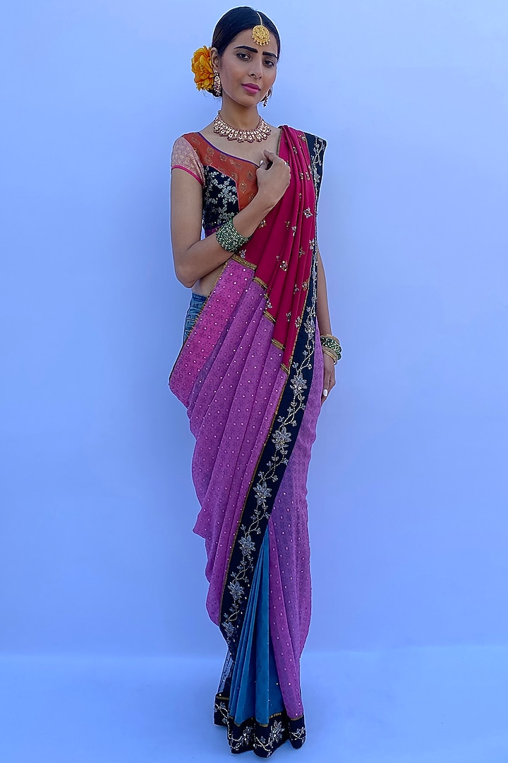 Multi-Colored Silk Georgette & Silk Crepe Hand Embroidered Saree Set by Nida Mahmood