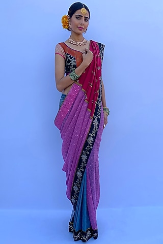 Multi-Colored Silk Georgette & Silk Crepe Hand Embroidered Saree Set by Nida Mahmood