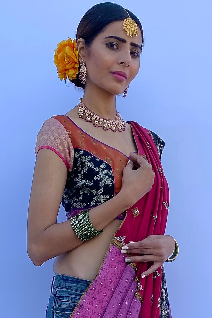 Multi-Colored Silk Georgette & Silk Crepe Hand Embroidered Wedding Saree Set by Nida Mahmood at Pernia's Pop Up Shop