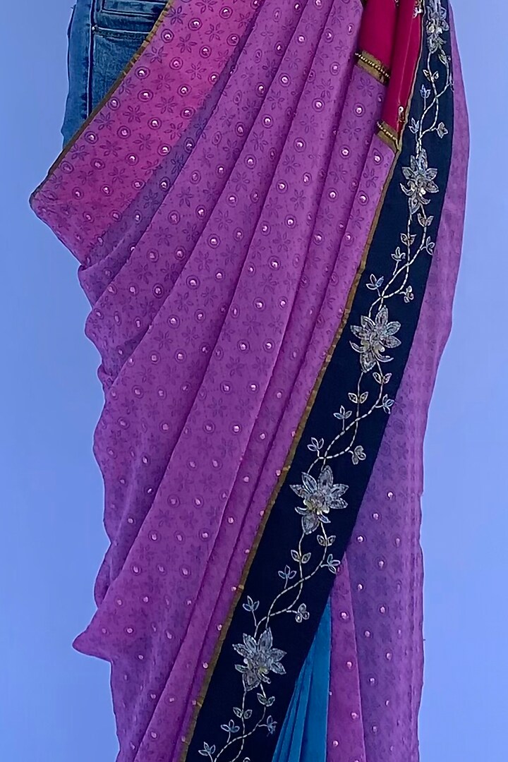 Multi-Colored Silk Georgette & Silk Crepe Hand Embroidered Wedding Saree Set by Nida Mahmood at Pernia's Pop Up Shop