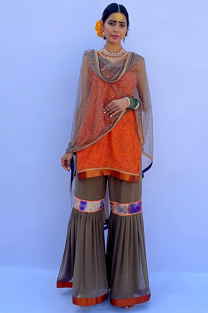 Muddy Brown Silk Georgette Sharara Set by Nida Mahmood