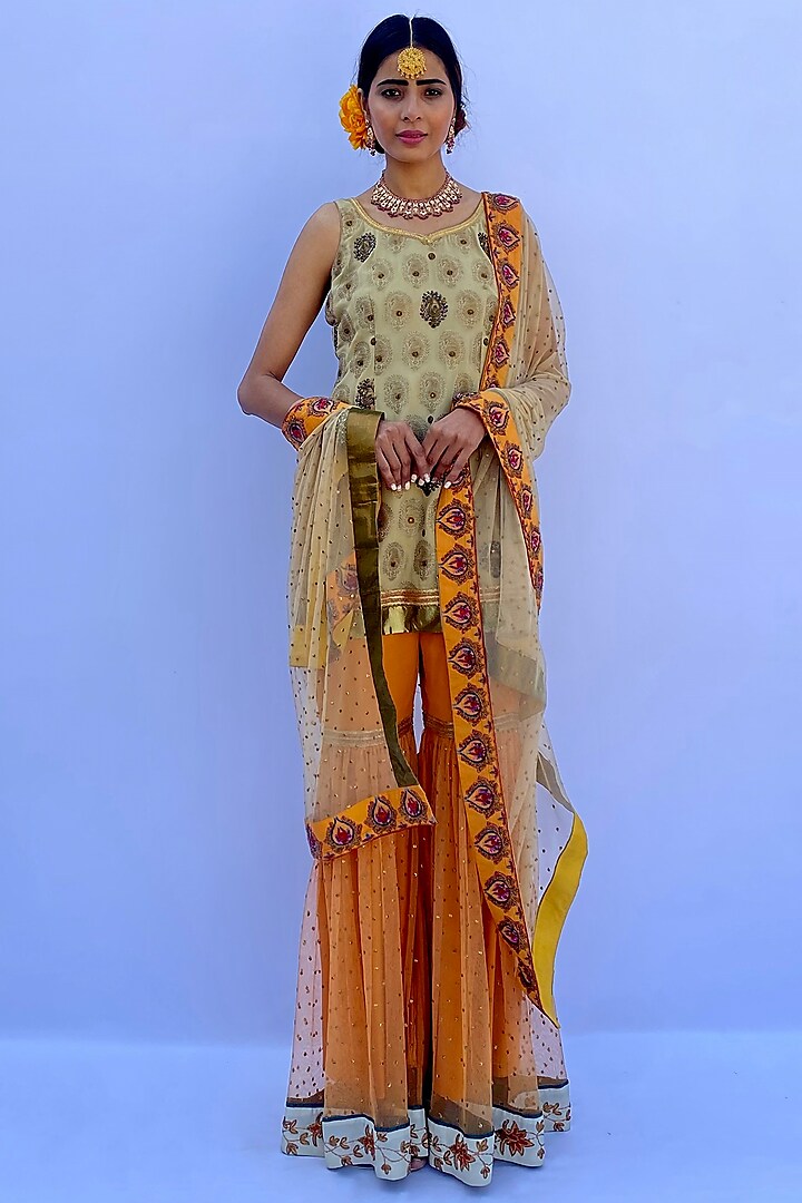 Light Orange Viscose Brocade Hand Embroidered Sharara Set by Nida Mahmood