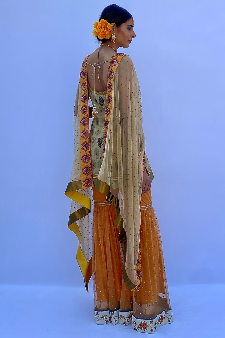 Light Orange Viscose Brocade Hand Embroidered Party Wear Sharara Set by Nida Mahmood at Pernia's Pop Up Shop