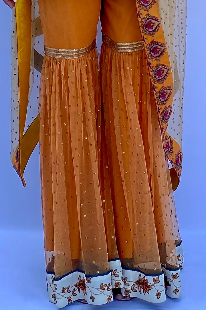 Light Orange Viscose Brocade Hand Embroidered Party Wear Sharara Set by Nida Mahmood at Pernia's Pop Up Shop