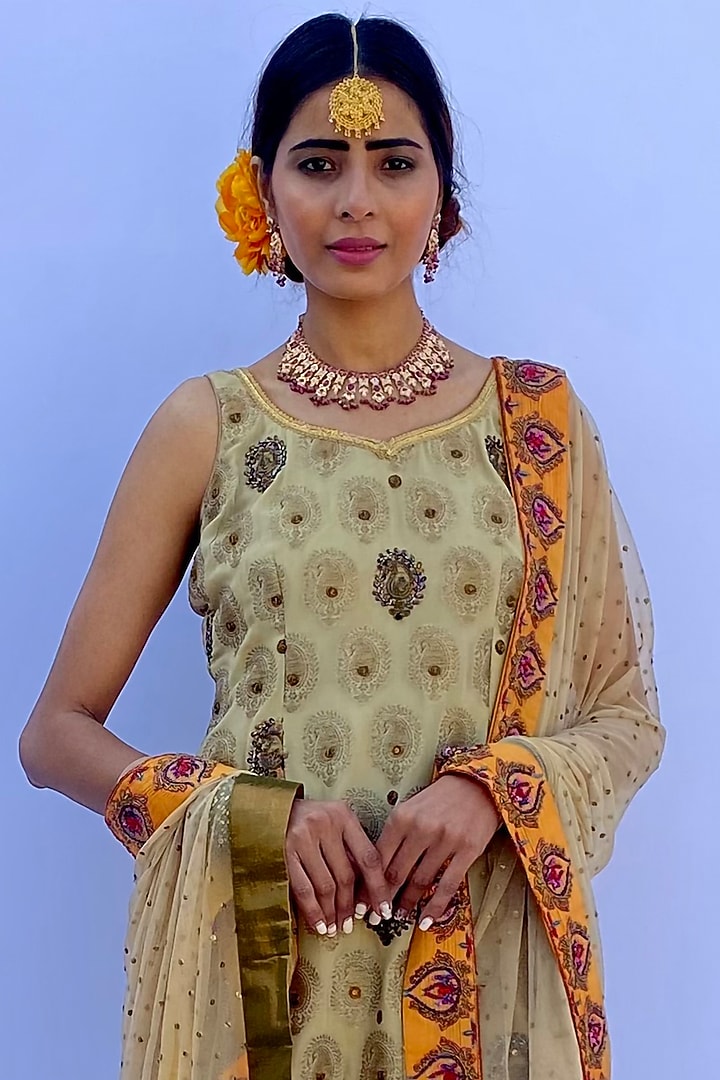 Light Orange Viscose Brocade Hand Embroidered Party Wear Sharara Set by Nida Mahmood at Pernia's Pop Up Shop