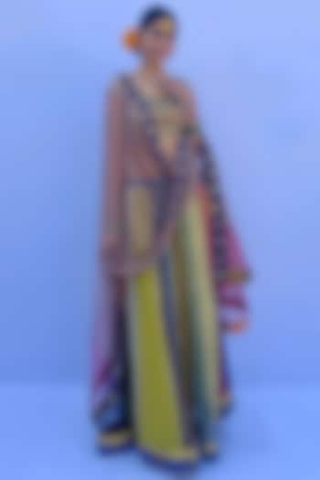 Multi-Colored Silk Georgette Hand Embroidered & Block Printed Lehenga Set by Nida Mahmood