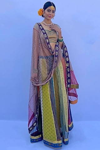 Multi-Colored Silk Georgette Hand Embroidered & Block Printed Lehenga Set by Nida Mahmood