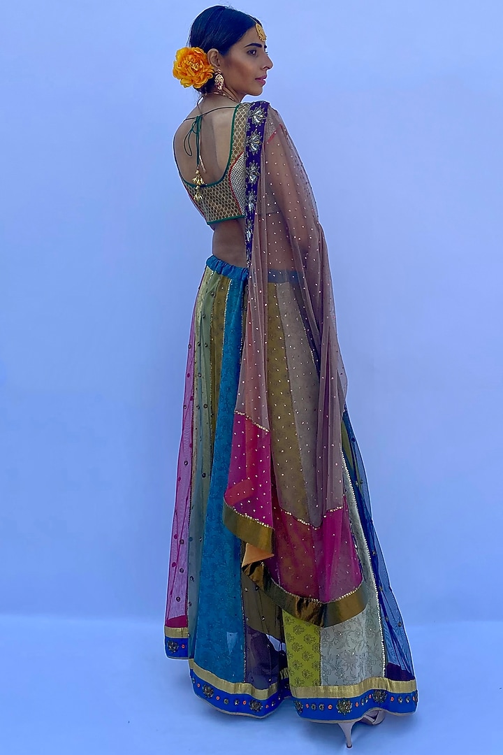 Multi-Colored Silk Georgette Hand Embroidered & Block Printed Lehenga Set by Nida Mahmood at Pernia's Pop Up Shop