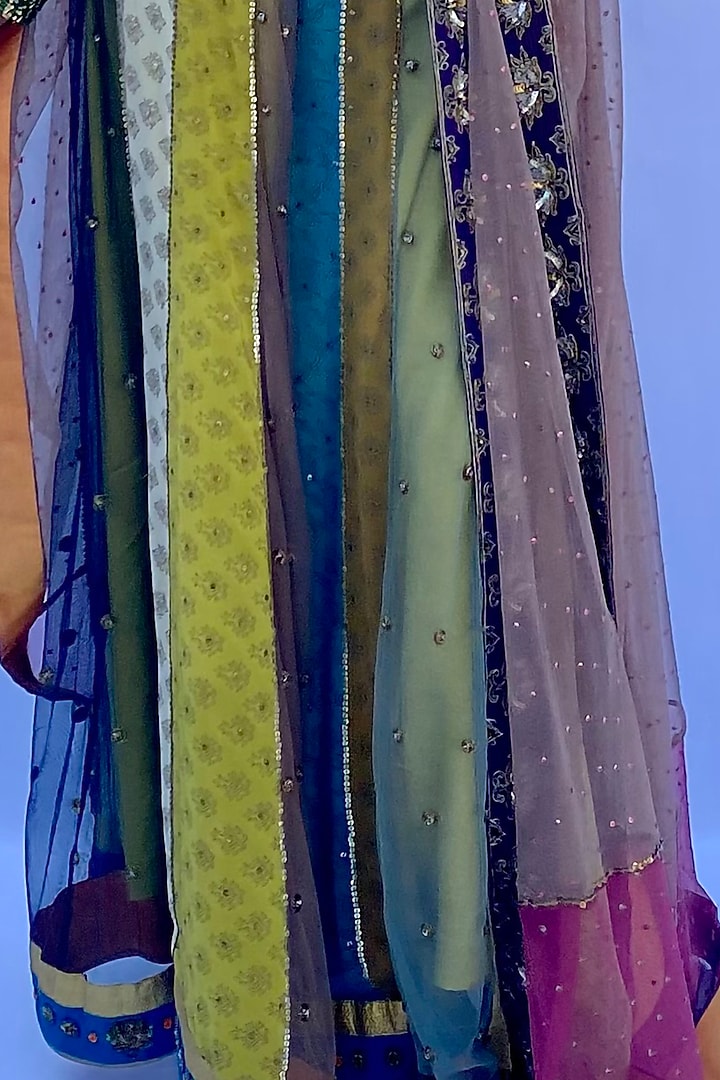 Multi-Colored Silk Georgette Hand Embroidered & Block Printed Lehenga Set by Nida Mahmood at Pernia's Pop Up Shop